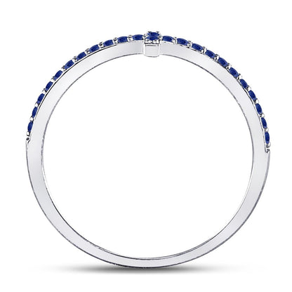 14k White Gold Round Blue Sapphire Cross Stackable Band Ring 1/6 Cttw