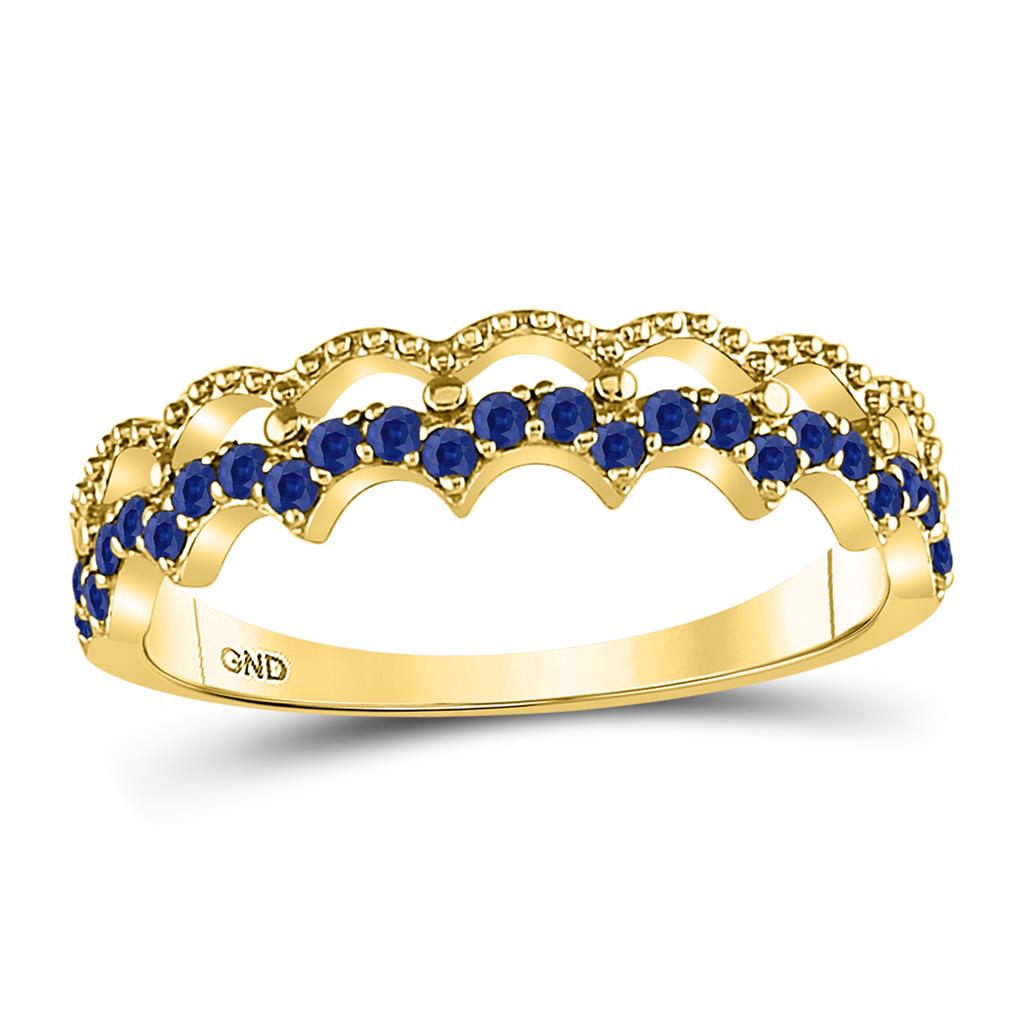 10k Yellow Gold Round Blue Sapphire Scalloped Stackable Band Ring 1/4 Cttw