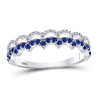 14k White Gold Round Blue Sapphire Scalloped Stackable Band Ring 1/4 Cttw