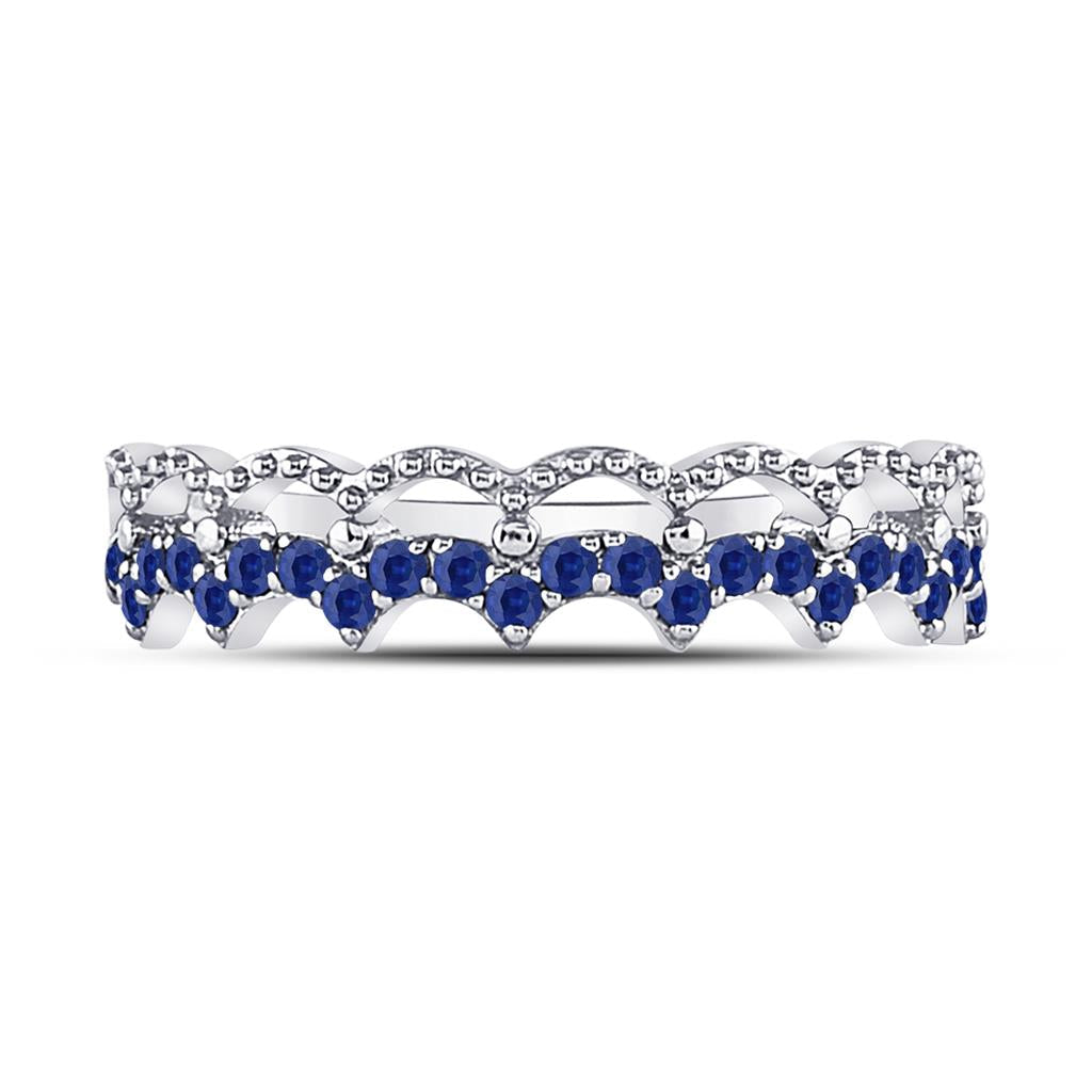 14k White Gold Round Blue Sapphire Scalloped Stackable Band Ring 1/4 Cttw
