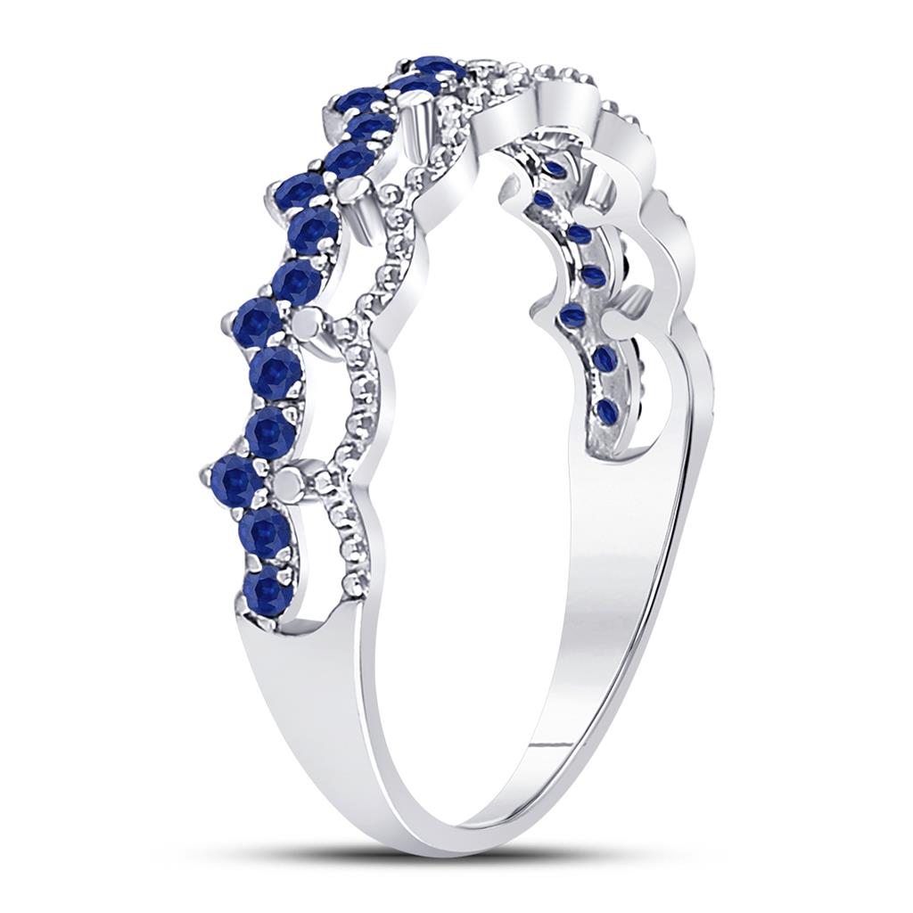 14k White Gold Round Blue Sapphire Scalloped Stackable Band Ring 1/4 Cttw