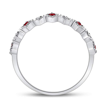 14k White Gold Round Ruby Diamond Milgrain Square Stackable Band Ring 1/8 Cttw