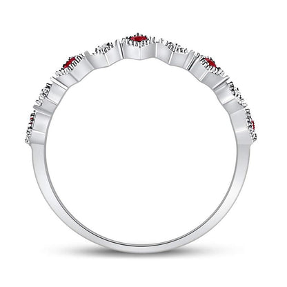 14k White Gold Round Ruby Diamond Milgrain Square Stackable Band Ring 1/8 Cttw