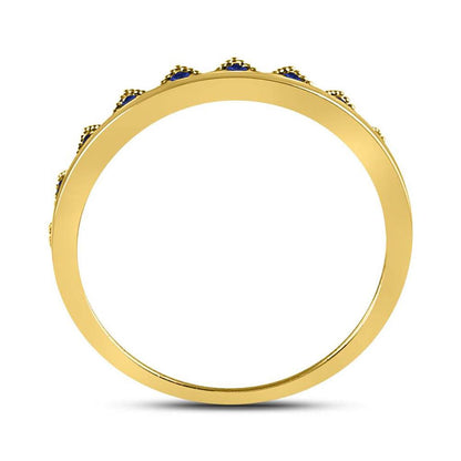 10kt Yellow Gold Round Blue Sapphire Chevron Stackable Band Ring 1/10 Cttw