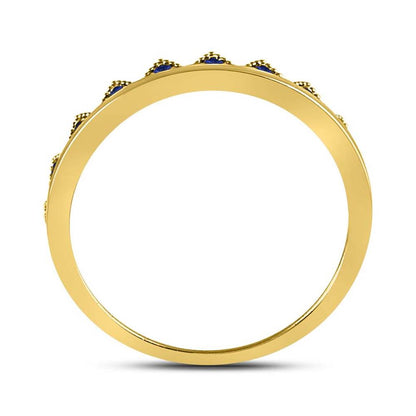 10kt Yellow Gold Round Blue Sapphire Chevron Stackable Band Ring 1/10 Cttw