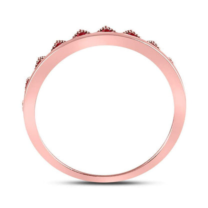 10kt Rose Gold Round Ruby Beaded Chevron Stackable Band Ring 1/10 Cttw