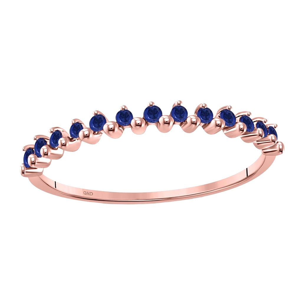 10kt Rose Gold Round Blue Sapphire Single Row Stackable Band Ring 1/8 Cttw