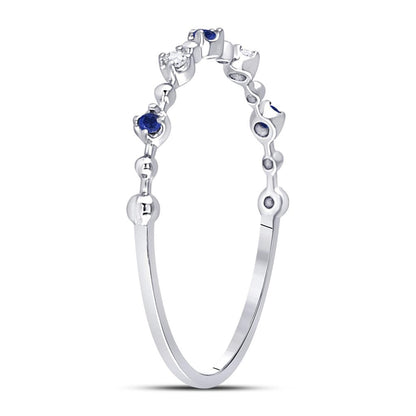 14k White Gold Round Blue Sapphire Diamond Beaded Stackable Band Ring 1/20 Cttw