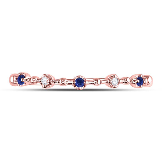 10k Rose Gold Round Blue Sapphire Diamond Beaded Stackable Band Ring 1/20 Cttw