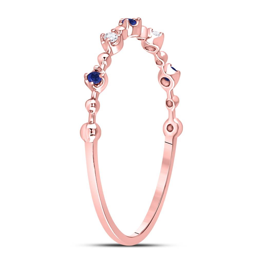 10k Rose Gold Round Blue Sapphire Diamond Beaded Stackable Band Ring 1/20 Cttw