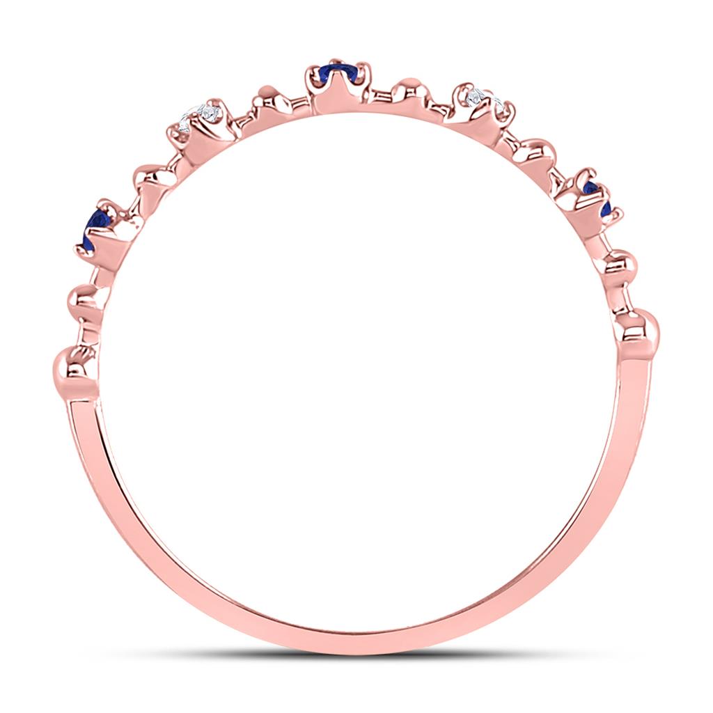 10k Rose Gold Round Blue Sapphire Diamond Beaded Stackable Band Ring 1/20 Cttw