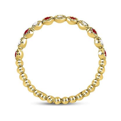 10k Yellow Gold Round Ruby Diamond Beaded Dot Stackable Band Ring 1/6 Cttw