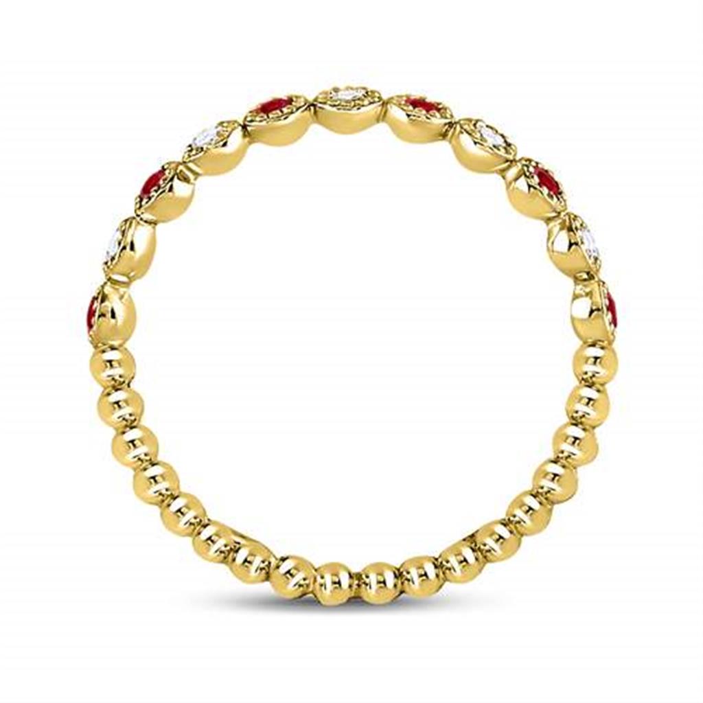 10k Yellow Gold Round Ruby Diamond Beaded Dot Stackable Band Ring 1/6 Cttw