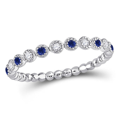 14kt White Gold Round Blue Sapphire Diamond Beaded Dot Stackable Band Ring
