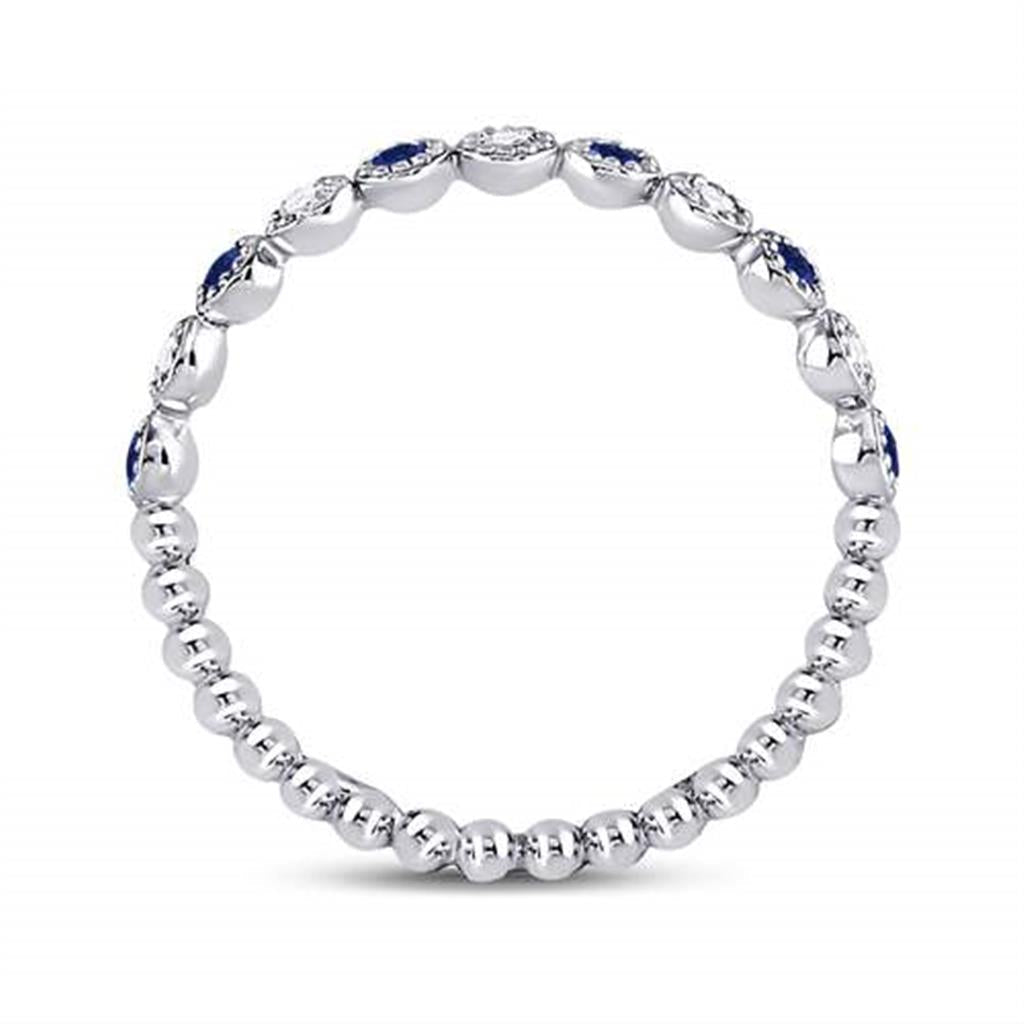 14kt White Gold Round Blue Sapphire Diamond Beaded Dot Stackable Band Ring