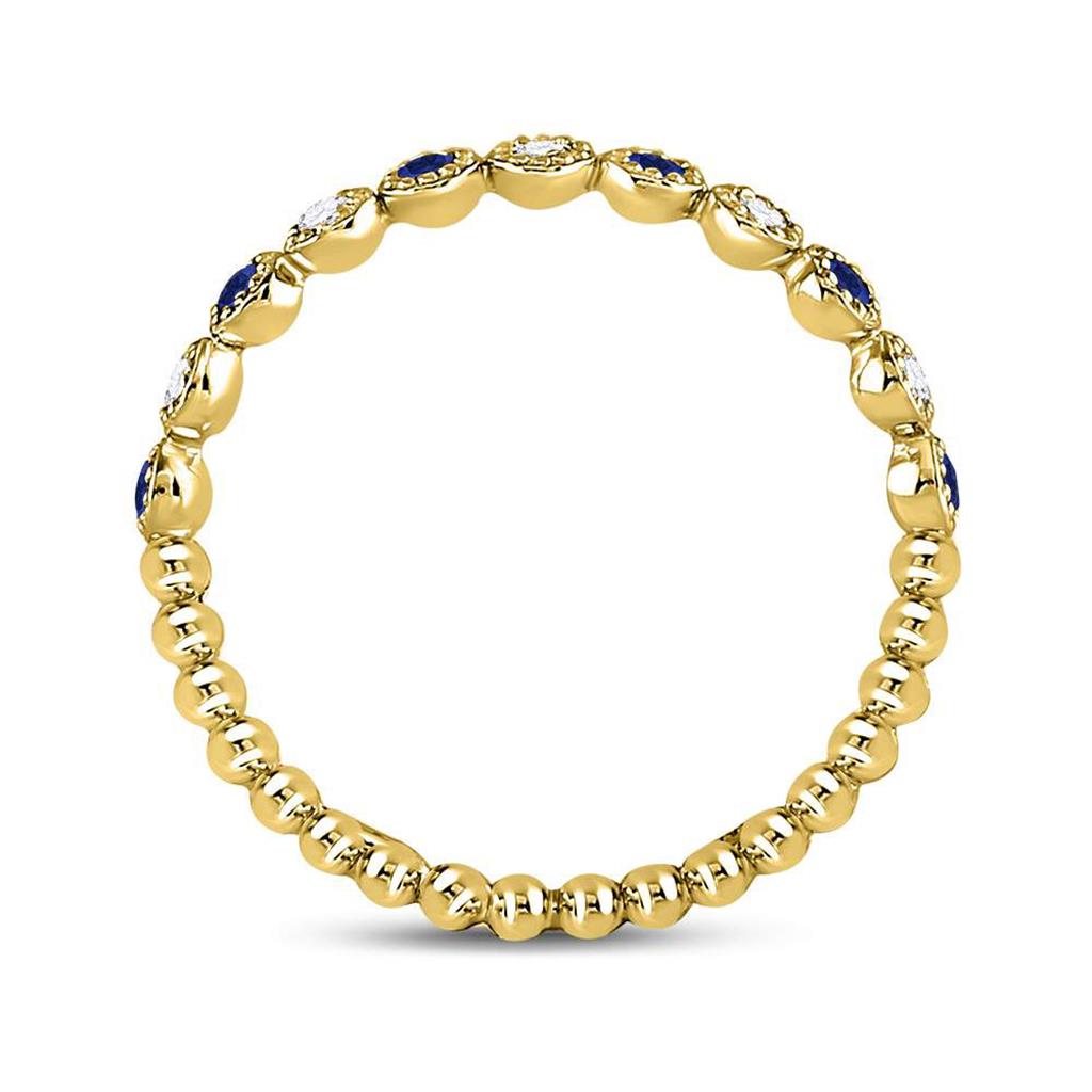 10k Yellow Gold Round Blue Sapphire Diamond Beaded Dot Stackable Band Ring 1/6 Cttw