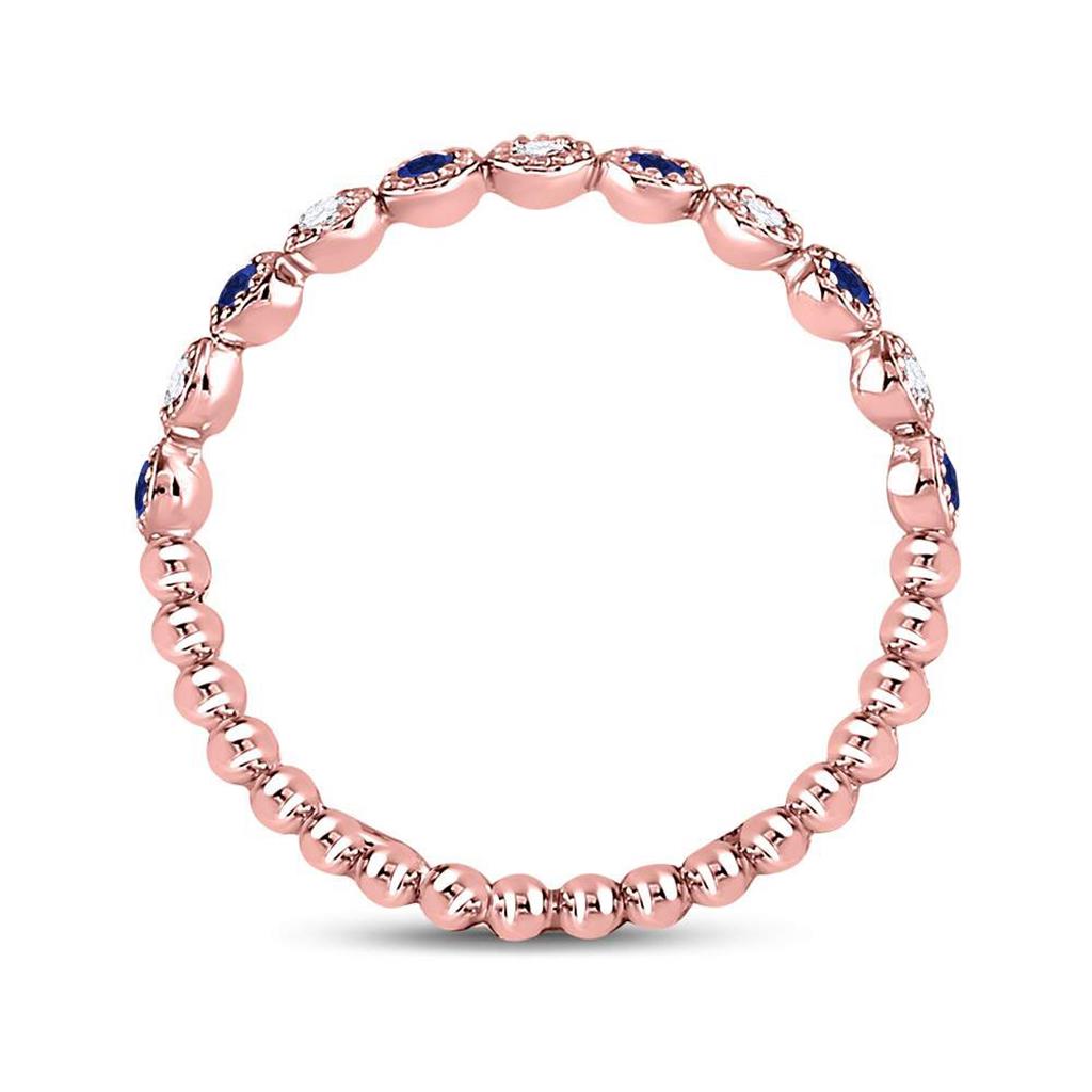10kt Rose Gold Round Blue Sapphire Diamond Beaded Dot Stackable Band Ring 1/6 Cttw