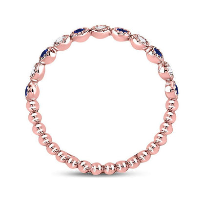10kt Rose Gold Round Blue Sapphire Diamond Beaded Dot Stackable Band Ring 1/6 Cttw