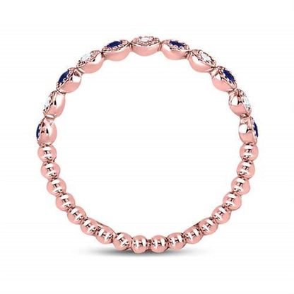 10kt Rose Gold Round Blue Sapphire Diamond Beaded Dot Stackable Band Ring 1/6 Cttw
