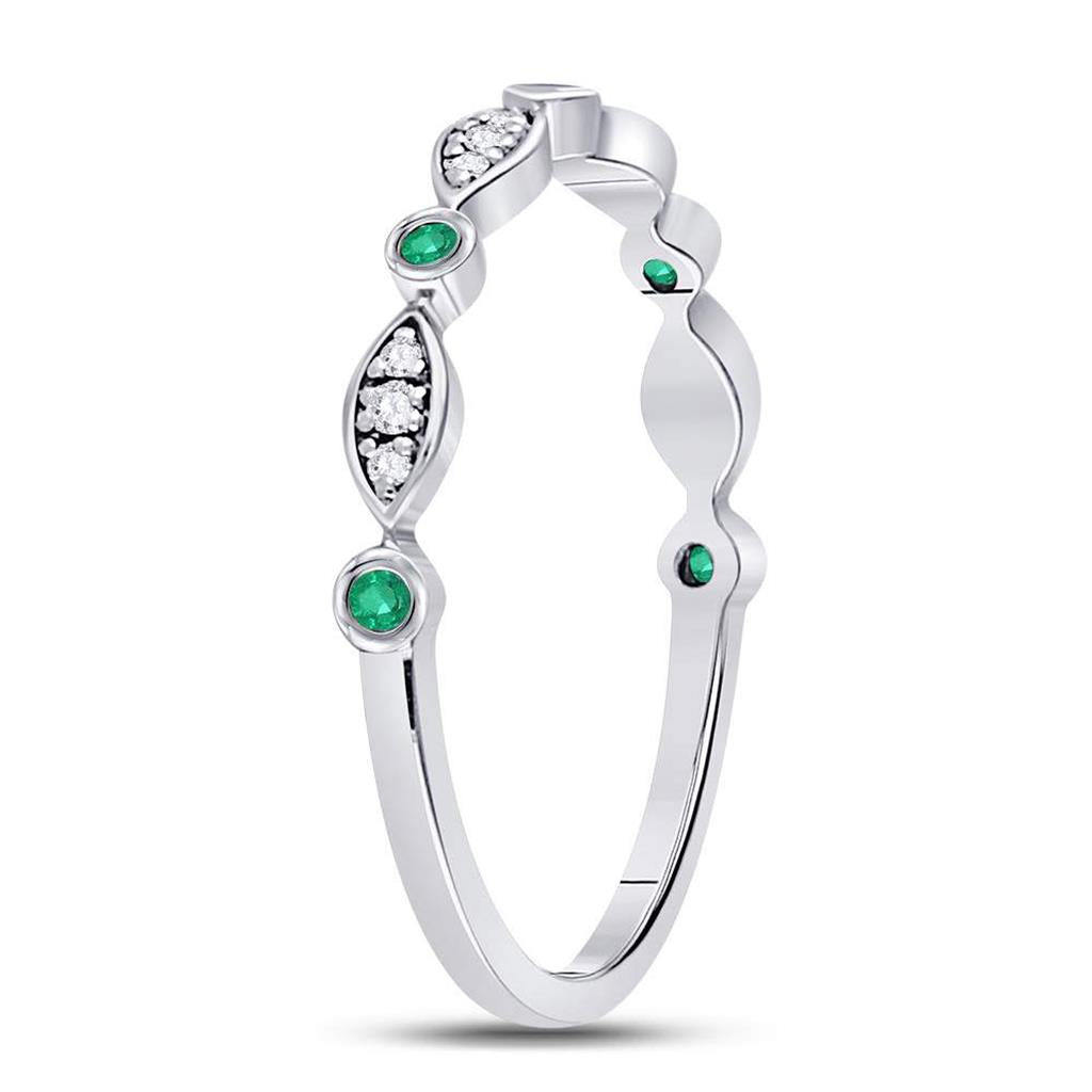 14k White Gold Round Emerald Diamond Marquise Dot Stackable Band Ring 1/8 Cttw