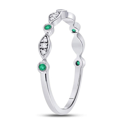14k White Gold Round Emerald Diamond Marquise Dot Stackable Band Ring 1/8 Cttw
