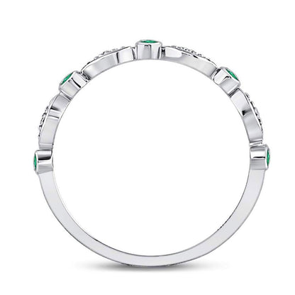 14k White Gold Round Emerald Diamond Marquise Dot Stackable Band Ring 1/8 Cttw