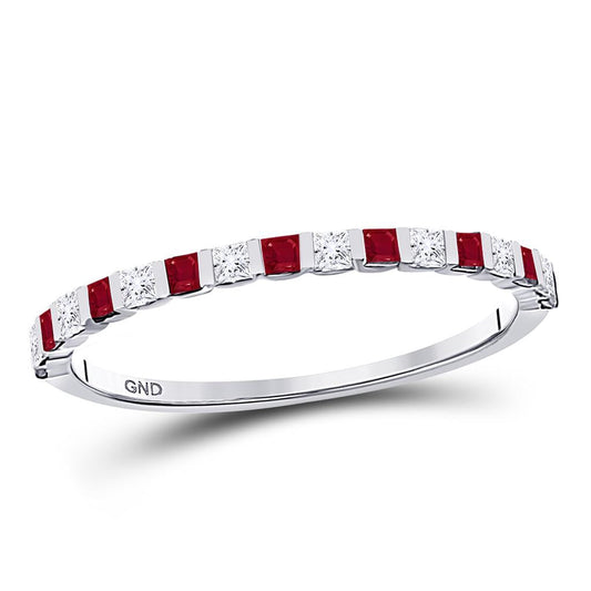 14k White Gold Princess Ruby Diamond Alternating Stackable Band Ring 3/8 Cttw
