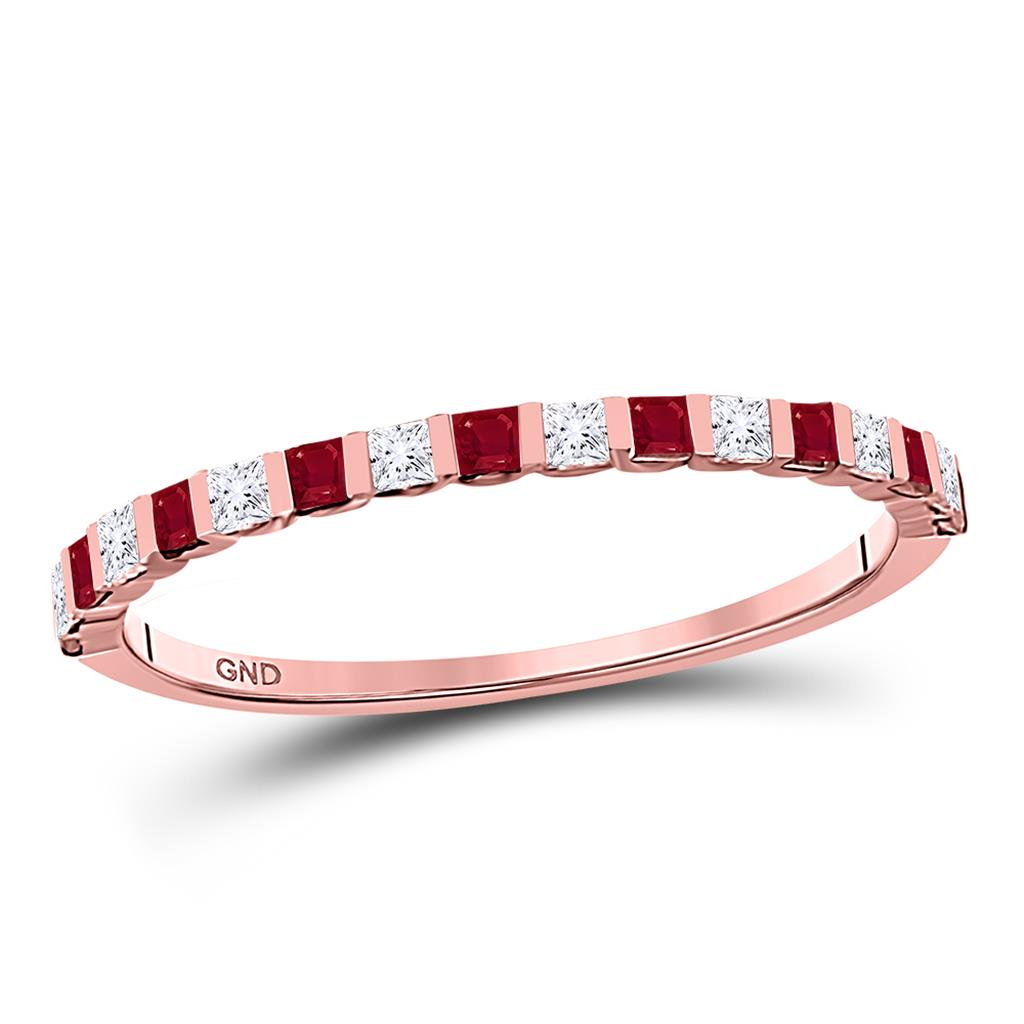 10k Rose Gold Princess Ruby Diamond Alternating Stackable Band Ring 3/8 Cttw