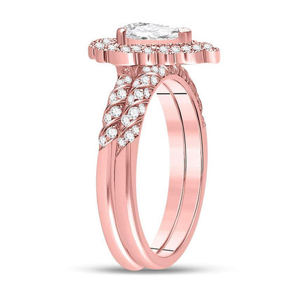 14k Rose Gold Pear Diamond Milgrain Bridal Wedding Ring Set 1-1/3 Cttw (Certified)