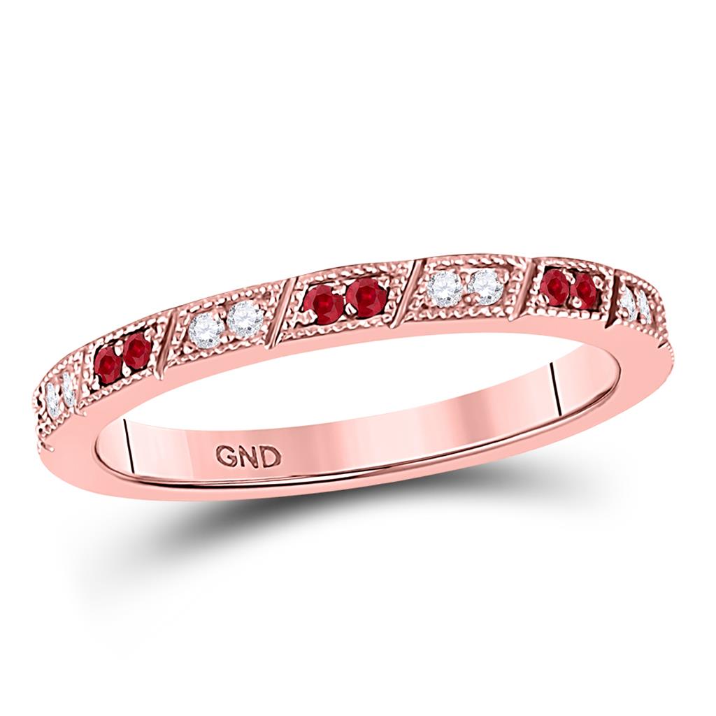 10k Rose Gold Round Ruby Diamond Milgrain Stackable Band Ring 1/4 Cttw