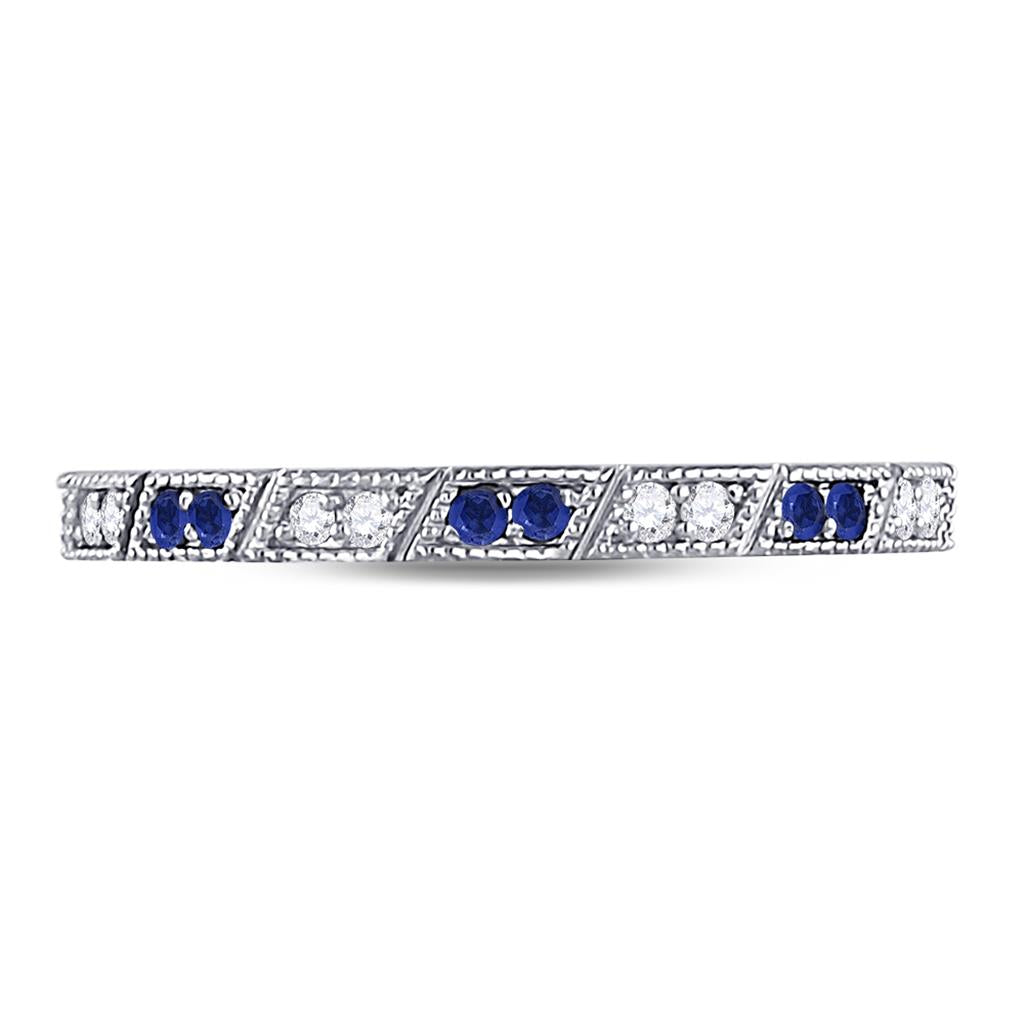 14k White Gold Round Blue Sapphire Diamond Milgrain Stackable Band Ring 1/4 Cttw