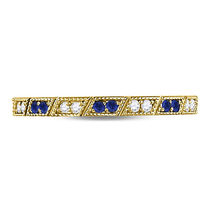 10k Yellow Gold Round Blue Sapphire Diamond Milgrain Stackable Band Ring 1/4 Cttw