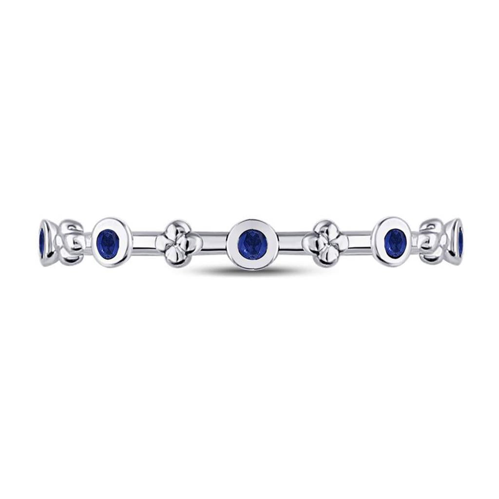 14kt White Gold Round Blue Sapphire Dot Flower Stackable Band Ring 1/12 Cttw