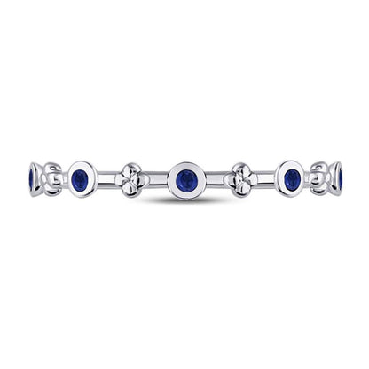 14kt White Gold Round Blue Sapphire Dot Flower Stackable Band Ring 1/12 Cttw