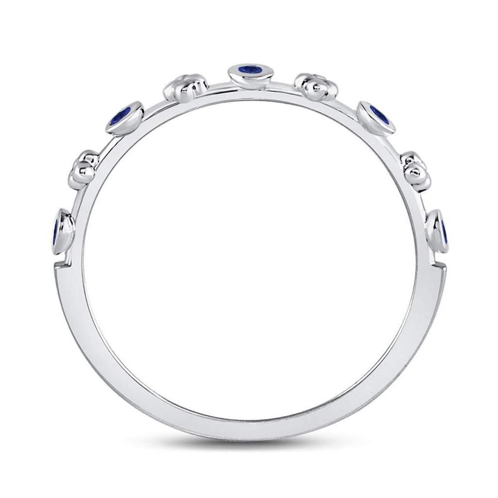 14kt White Gold Round Blue Sapphire Dot Flower Stackable Band Ring 1/12 Cttw