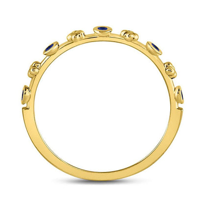 10kt Yellow Gold Round Blue Sapphire Dot Flower Stackable Band Ring 1/12 Cttw