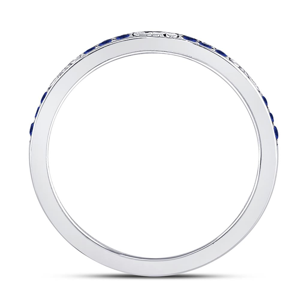 14k White Gold Round Blue Sapphire Flourished Stackable Band Ring 1/6 Cttw