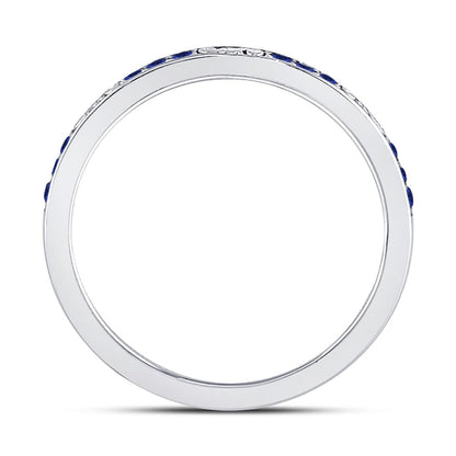 14k White Gold Round Blue Sapphire Flourished Stackable Band Ring 1/6 Cttw