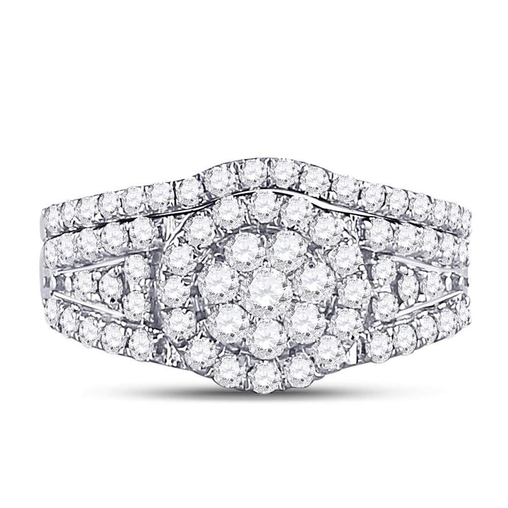 14k White Gold Round Diamond Cluster Bridal Wedding Ring Set 1 Cttw