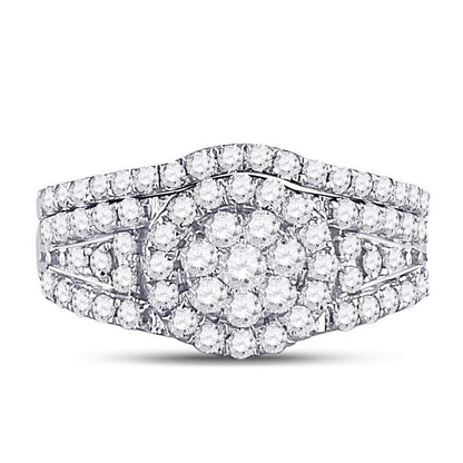 14k White Gold Round Diamond Cluster Bridal Wedding Ring Set 1 Cttw