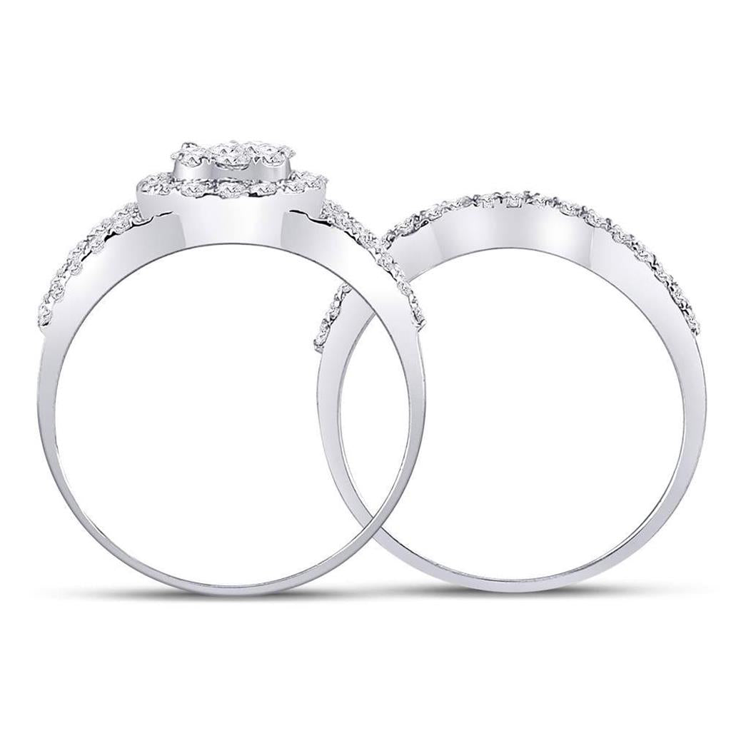 14k White Gold Round Diamond Cluster Bridal Wedding Ring Set 1 Cttw