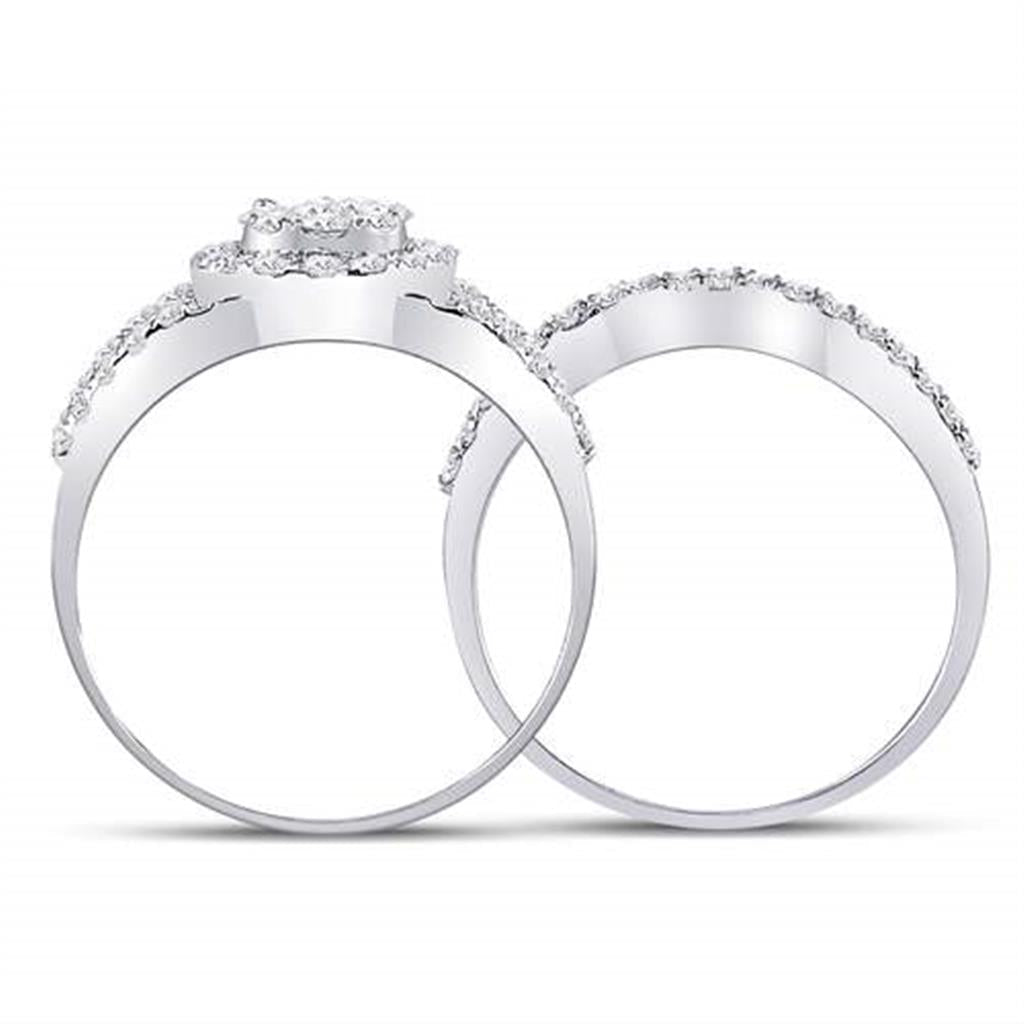 14k White Gold Round Diamond Cluster Bridal Wedding Ring Set 1 Cttw