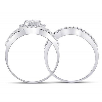 14k White Gold Round Diamond Cluster Bridal Wedding Ring Set 1 Cttw