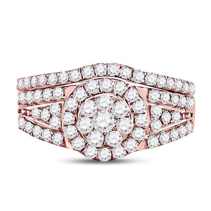 14k Rose Gold Round Diamond Flower Cluster Bridal Wedding Ring Set 1 Cttw