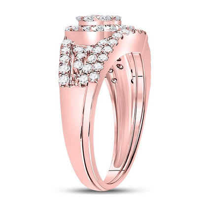 14k Rose Gold Round Diamond Flower Cluster Bridal Wedding Ring Set 1 Cttw