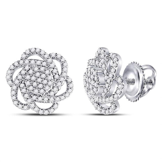14kt White Gold Round Diamond Pinwheel Cluster Earrings 3/8 Cttw