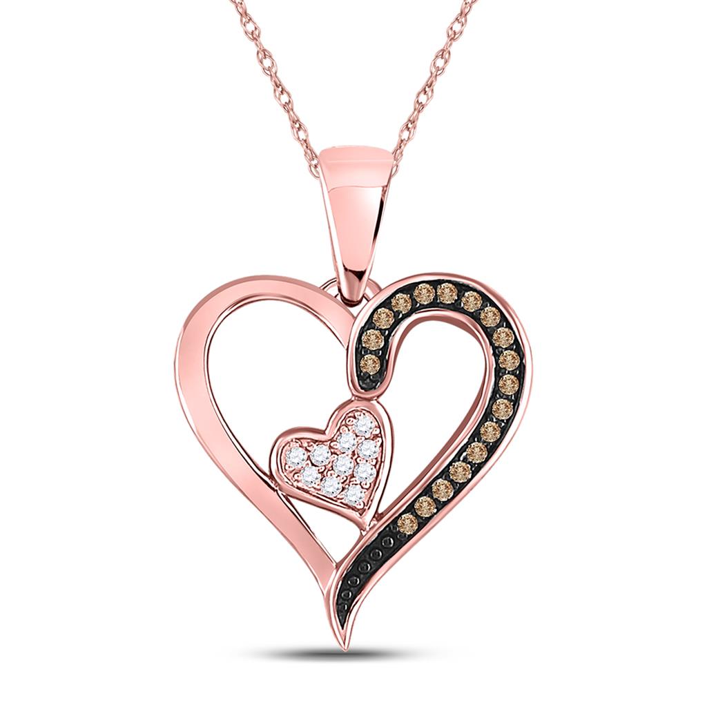 10k Rose Gold Round Brown Diamond Heart Pendant 1/10 Cttw