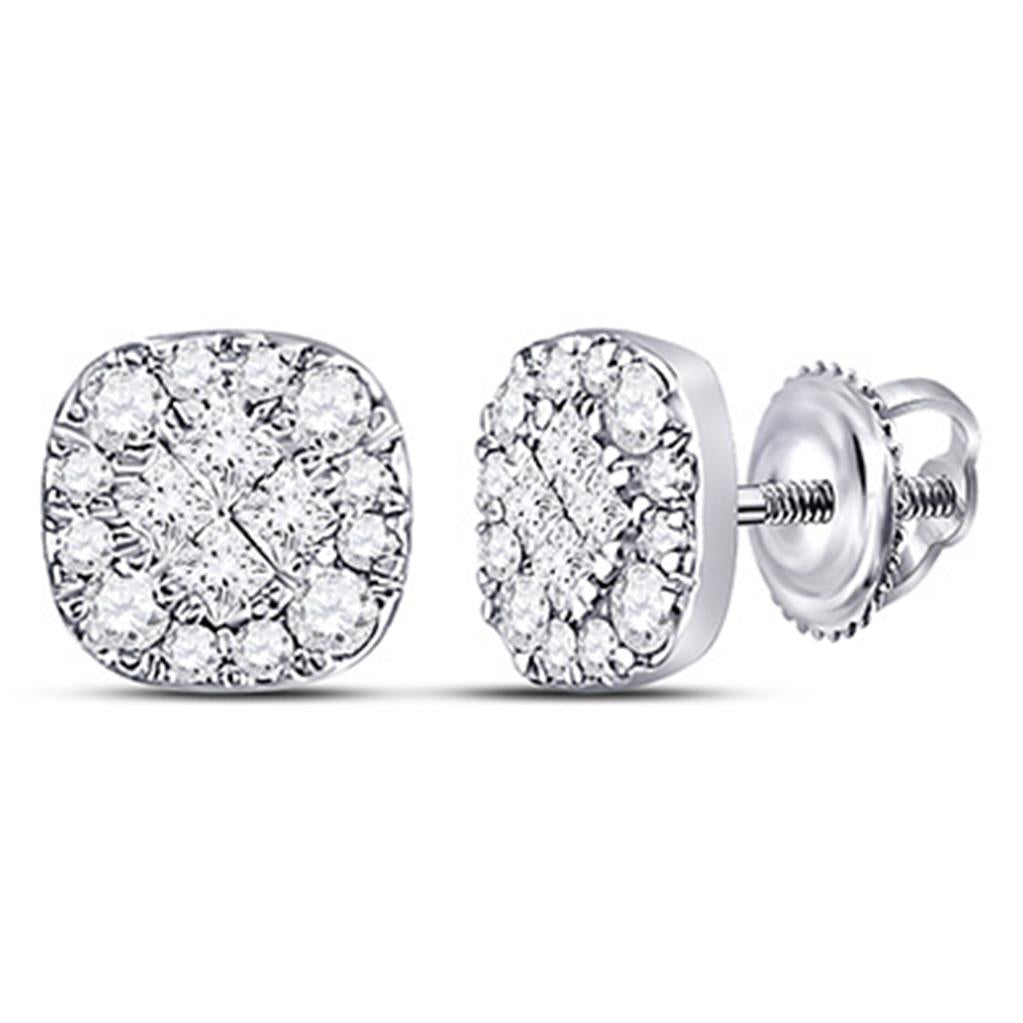 14k White Gold Princess Round Diamond Square Cluster Earrings 1/4 Cttw