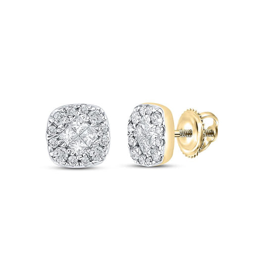 14k Yellow Gold Princess Round Diamond Square Cluster Earrings 1/4 Cttw