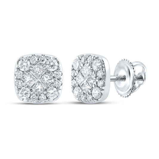 14k White Gold Princess Round Diamond Square Cluster Earrings 1/2 Cttw